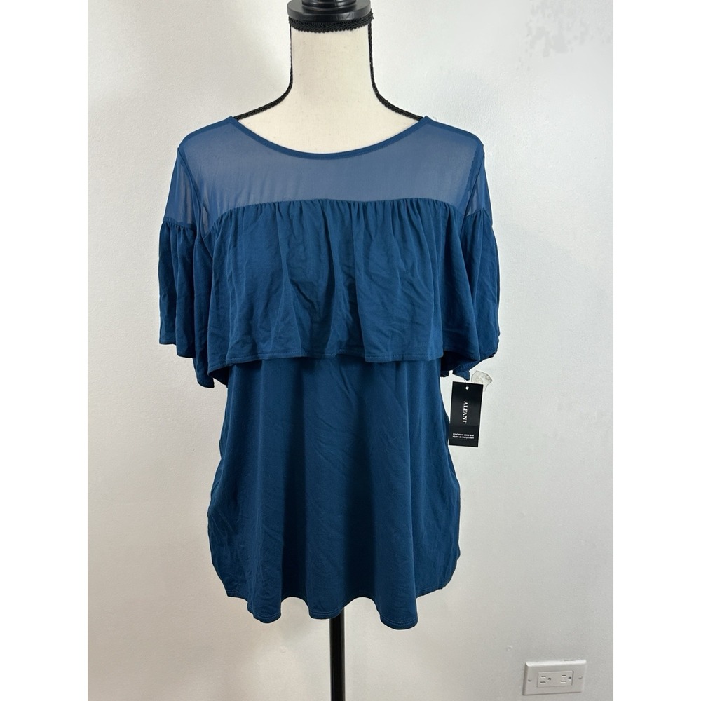 Alfani Women's Illusion Flounce Blouse‎ Size M Teal - Picture 2 of 6
